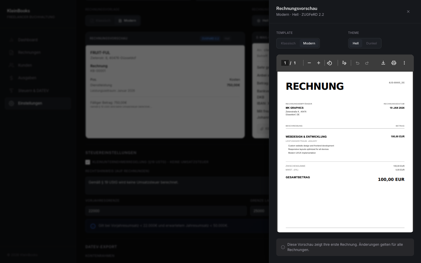 KleinBooks Rechnung erstellen