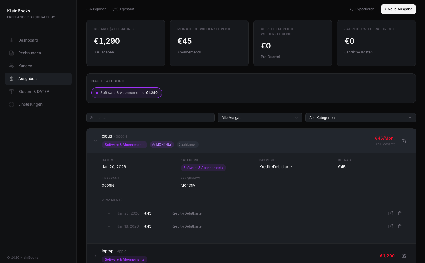 KleinBooks Ausgaben & AfA